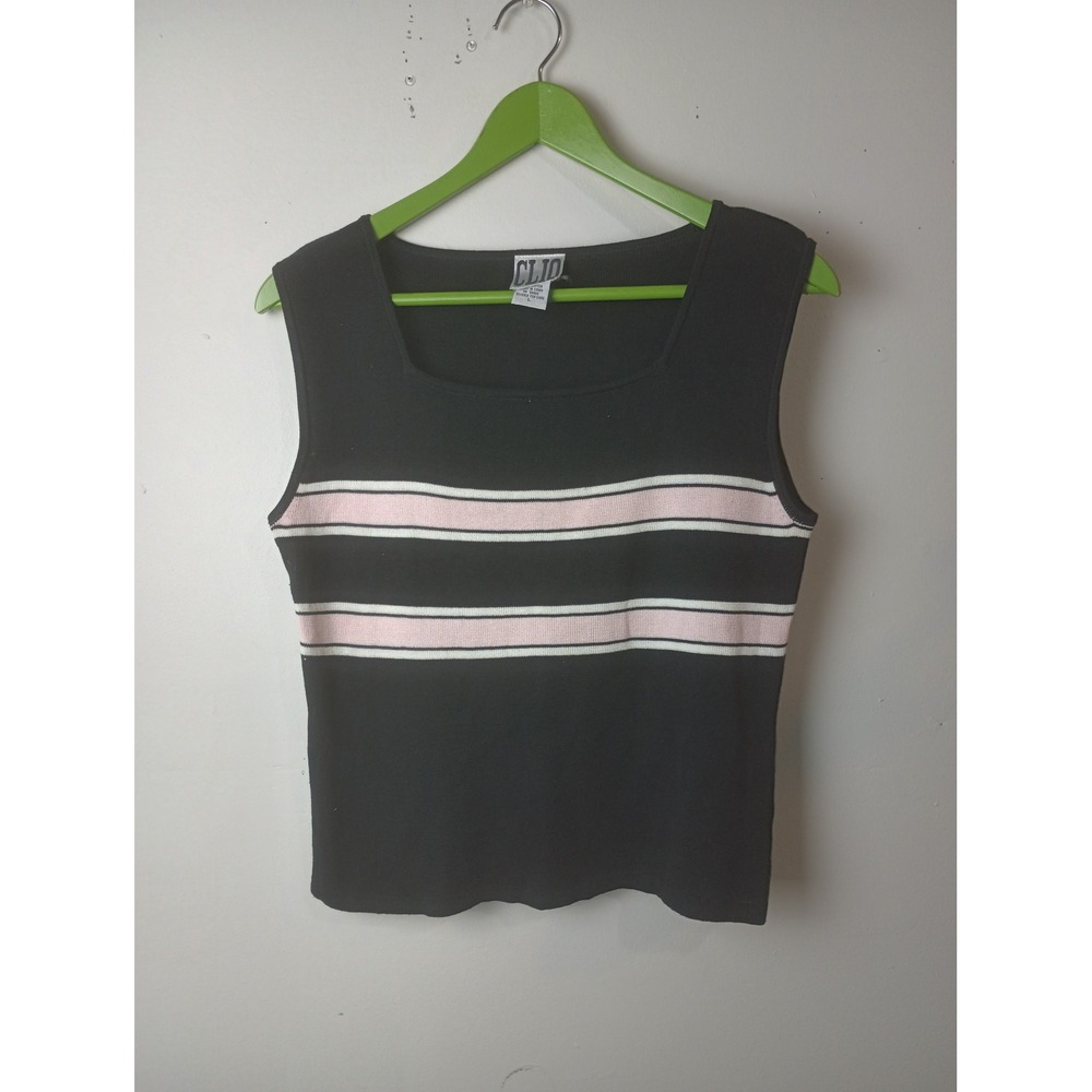 Vintage Clio Silk Cotton Knit Tank Top Black Pink Striped Square Neck Large